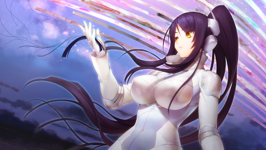 1girl bodysuit breasts floating_hair game_cg gijou_mitsumi gloves headgear highres impossible_clothes large_breasts long_hair long_sleeves looking_away nitroplus oosaki_shin'ya outdoors ponytail purple_hair serious shoulder_pads simple_background solo standing tokyo_necro upper_body wind yellow_eyes