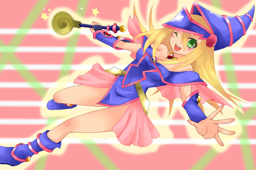 1girl bare_shoulders blonde_hair breasts dark_magician_girl duel_monster full_body green_eyes hat legs long_hair magical_girl skirt smile solo wand wink wizard_hat yu-gi-oh! yuu-gi-ou_duel_monsters