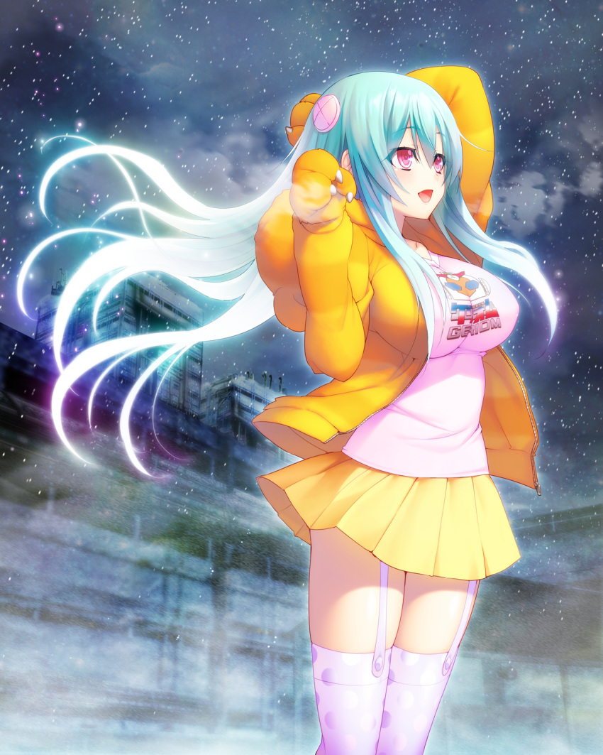 1girl aqua_hair bear_paws blue_hair blush breasts floating_hair game_cg garter_straps happy highres hood hoodie hougyou_ilia jacket large_breasts legs long_image looking_away night nitroplus oosaki_shin'ya open_clothes open_mouth outdoors paws pink_eyes skirt sky smile snow snowing solo standing stars thigh-highs thighs tokyo_necro wind zipper