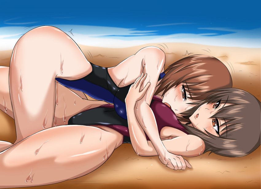 2girls beach blush breasts brown_eyes brown_hair girls_und_panzer incest large_breasts lying multiple_girls nishizumi_maho nishizumi_miho on_back one-piece_swimsuit open_mouth siblings sisters sweat swimsuit wet yuri