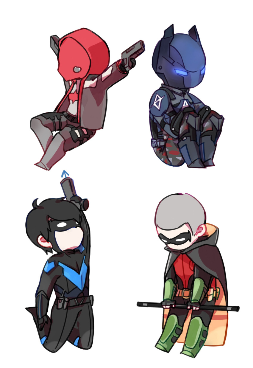 armor batman:_arkham batman:_arkham_knight batman_(series) belt black_hair body_armor bodysuit boots brothers cape chibi dc_comics dick_grayson domino_mask dual_wielding escrima_stick fingerless_gloves gauntlets gloves gun helmet holster jason_todd mask multiple_boys nightwing power_armor red_hood_(dc) robin_(dc) siblings staff tim_drake weapon