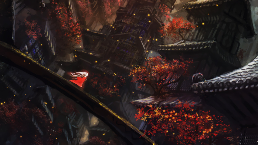 1girl architecture autumn bridge building cityscape cropped denki dress dutch_angle east_asian_architecture highres leaf long_hair original pagoda red_dress scenery silver_hair solo tower tree