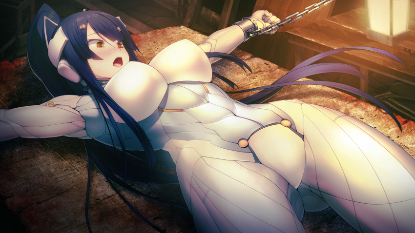 1girl blue_hair blush bodysuit breasts chains clenched_hands game_cg gijou_mitsumi headgear highres impossible_clothes indoors large_breasts legs long_hair looking_down lying nitroplus on_back oosaki_shin'ya open_mouth ponytail restrained shoulder_pads solo sweatdrop table thighs tokyo_necro yellow_eyes