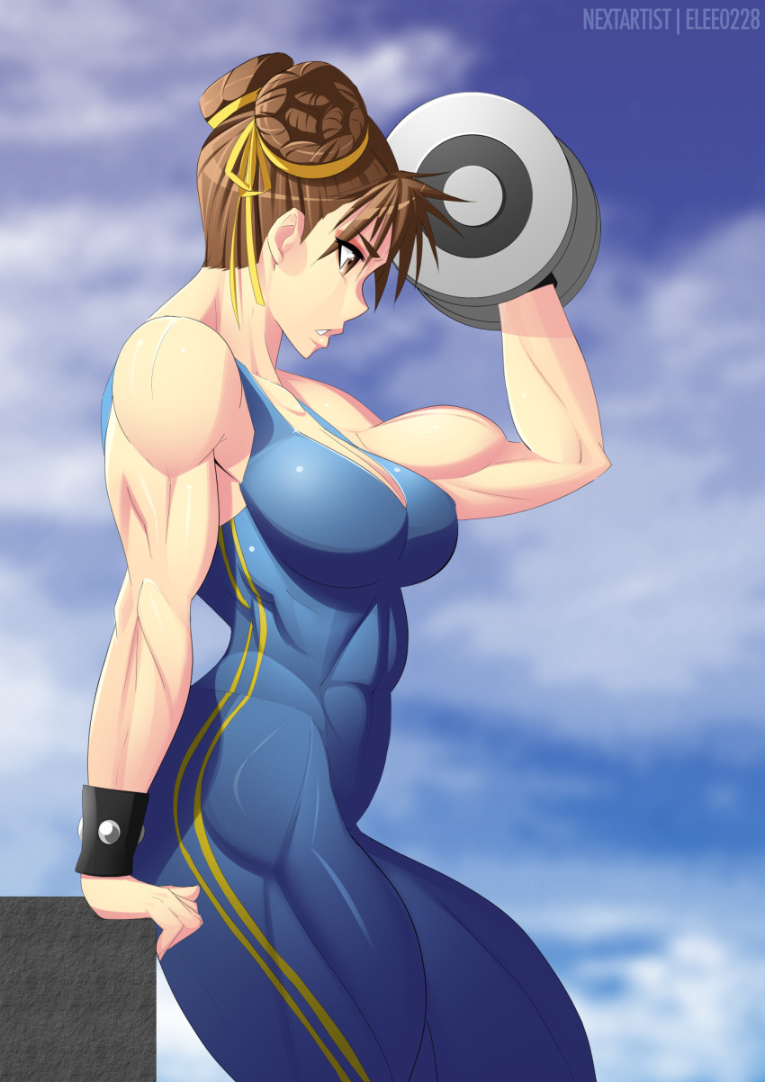 1girl alternate_costume bare_shoulders breasts brown_eyes brown_hair chun-li cleavage double_bun elee0228 female hair_bun large_breasts muscle nextartist parted_lips sleeveless solo street_fighter street_fighter_v toned weightlifting weights