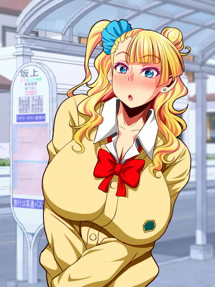1girl :o asymmetrical_hair bangs blazer blonde_hair blue_eyes blunt_bangs blush bow bowtie breasts buttons cleavage collared_shirt colored_eyelashes earrings eyebrows eyebrows_visible_through_hair full-face_blush gyaru-ko hair_bun hair_ornament highres huge_breasts itachou jewelry long_hair long_sleeves looking_at_viewer makeup one_side_up oshiete!_gyaru-ko-chan outdoors parted_lips red_bow red_bowtie school_uniform shirt side_bun side_ponytail solo standing upper_body wavy_hair