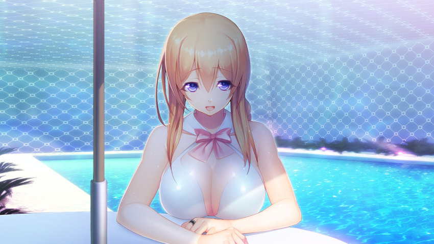 1girl aso_kiriri bare_arms bare_shoulders bikini blonde_hair blue_eyes bow braid breasts cleavage collarbone detached_collar game_cg highres jewelry large_breasts long_hair looking_at_viewer nitroplus oosaki_shin'ya open_mouth pool ring shiny shiny_clothes shiny_skin single_braid sitting solo swimsuit table tokyo_necro upper_body water