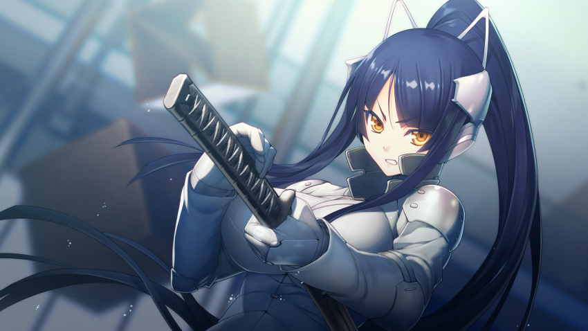1girl blue_hair bodysuit breasts fighting_stance floating_hair game_cg gijou_mitsumi gloves headgear highres holding holding_sword holding_weapon katana large_breasts long_hair looking_at_viewer nitroplus oosaki_shin'ya parted_lips ponytail raised_eyebrows serious shoulder_pads solo standing sword tokyo_necro upper_body weapon yellow_eyes