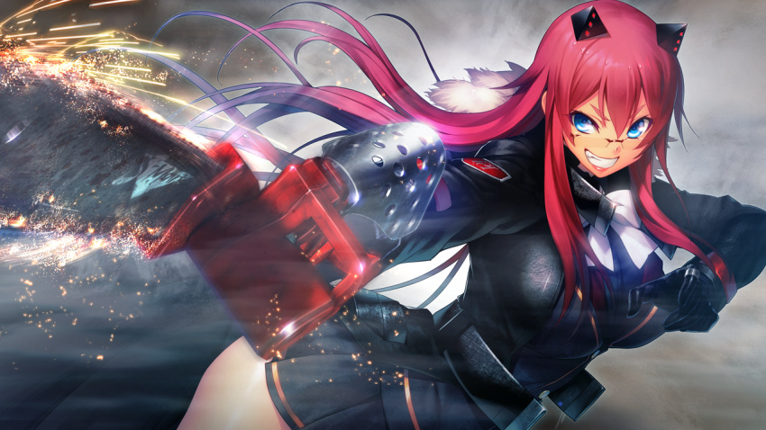 1girl belt blue_eyes bow breasts chainsaw clenched_teeth fighting_stance floating_hair fur_trim game_cg glasses gloves highres holding kibanohara_ethica large_breasts legs long_hair long_sleeves looking_at_viewer nitroplus oosaki_shin'ya outdoors red-framed_glasses redhead semi-rimless_glasses simple_background skirt smile solo standing teeth thighs tokyo_necro