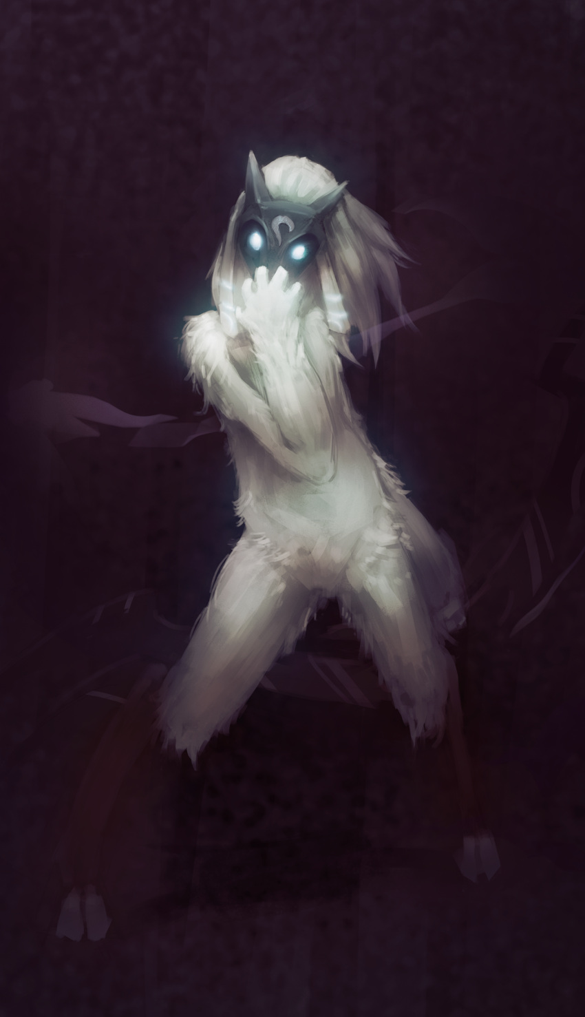 1girl bow_(weapon) dark_background eggboy glowing glowing_eyes hooves kindred lamb_(league_of_legends) league_of_legends looking_at_viewer mask solo weapon