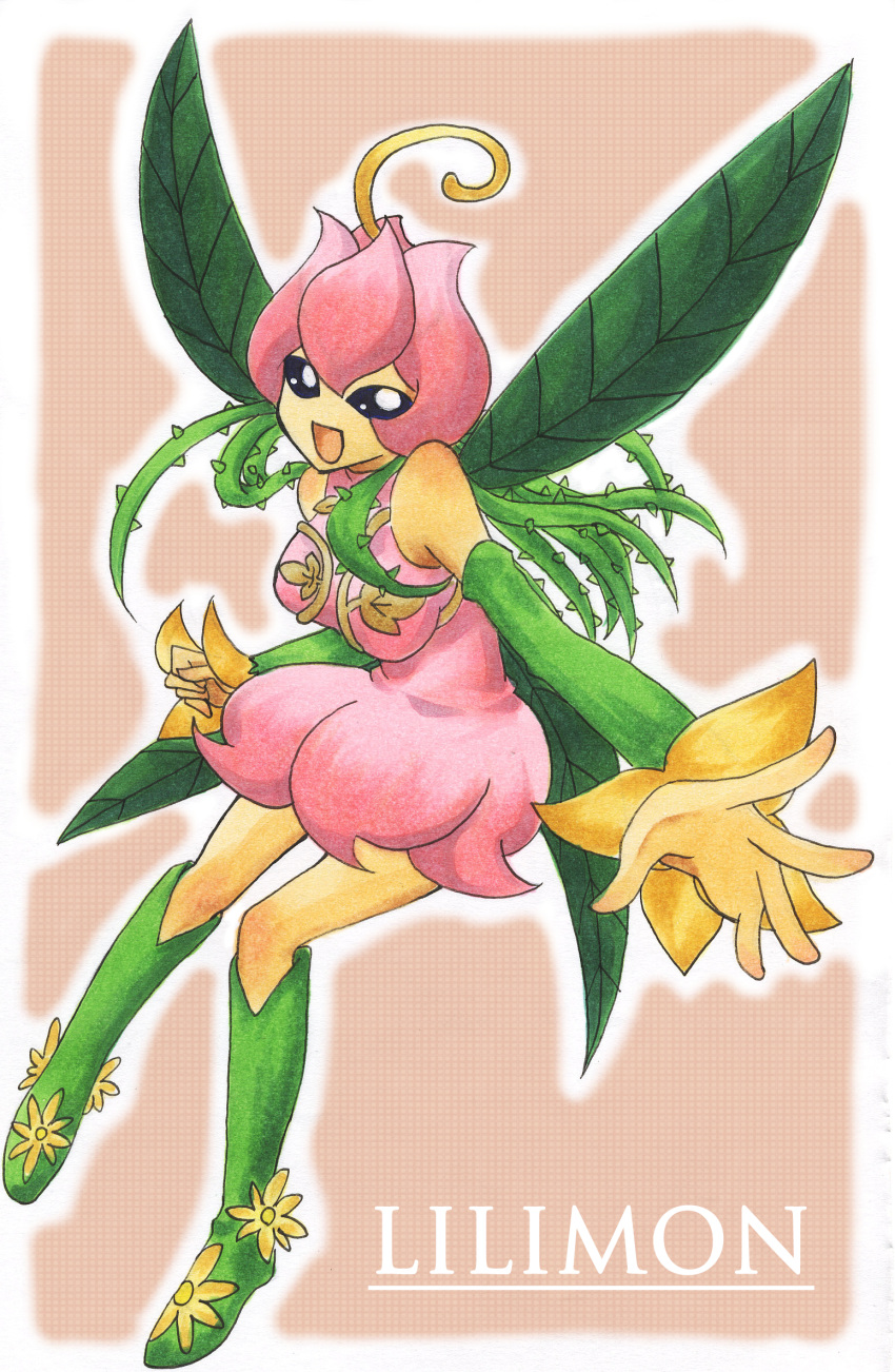 1girl bandai bare_legs boots breasts digimon don_(748826) fairy fairy_wings female flower legs lillymon looking_at_viewer solo traditional_media wings
