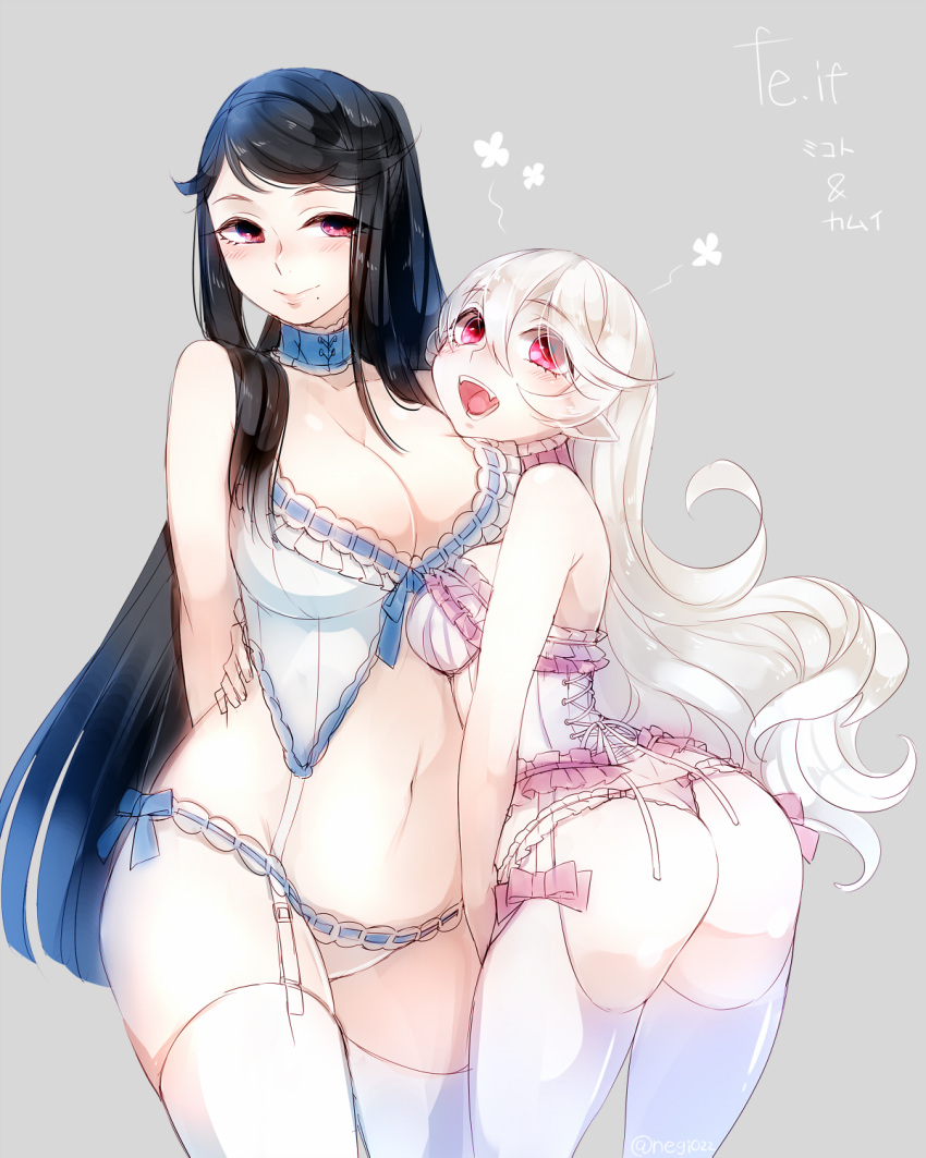 2girls ass babydoll bare_shoulders black_hair blush breasts choker cleavage corset curly_hair fang female_my_unit_(fire_emblem_if) fire_emblem fire_emblem_if garter_straps grey_background hairband highres hug large_breasts long_hair looking_at_viewer mikoto_(fire_emblem_if) mole mole_under_mouth mother_and_daughter multiple_girls my_unit_(fire_emblem_if) navel negiwo open_mouth panties pointy_ears red_eyes simple_background smile standing thigh-highs underwear very_long_hair white_legwear white_panties