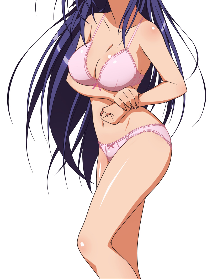 1girl ahoge blue_hair bra breasts cleavage clenched_hand close-up faceless faceless_female female head_out_of_frame highres kurokami_medaka large_breasts legs lingerie medaka_box nails navel neck pink_bra pose shoulders simple_background underwear vector_trace white_background