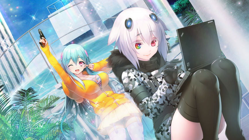 2girls aqua_hair breasts cleavage computer con_su dutch_angle floating_hair fur_trim game_cg gloves gun happy headgear highres holding holding_weapon hood hoodie hougyou_ilia large_breasts legs long_hair long_sleeves looking_at_viewer looking_down multicolored_eyes multiple_girls nitroplus oosaki_shin'ya open_mouth pink_eyes plant short_hair skirt smile squatting standing thigh-highs thighs tokyo_necro typing water weapon white_hair wink zipper