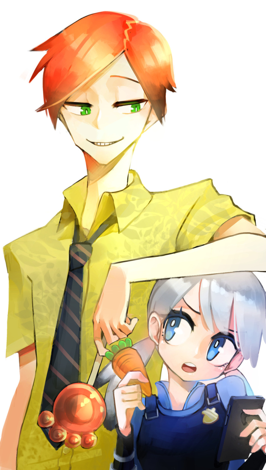 1boy 1girl blue_eyes cellphone disney green_eyes grey_hair judy_hopps nick_wilde orange_hair personification size_difference smartphone thanatostan twintails zootopia