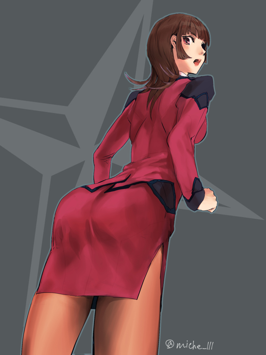 1girl active_raid artist_request ass blush breasts brown_hair female grey_background kazari_asami lips long_hair open_mouth pantyhose pink_eyes skirt skirt_suit solo suit uniform