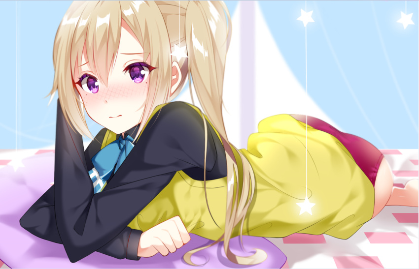 1girl ass bed blonde_hair blush buruma he_shu_zlin kawakami_mai musaigen_no_phantom_world side_ponytail solo violet_eyes