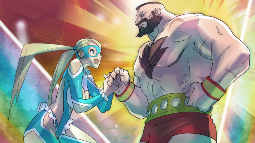 1boy 1girl beard breasts capcom chest_hair cleavage facial_hair hand_holding mohawk muscle official_art rainbow_mika street_fighter street_fighter_v twintails wrestling_outfit zangief