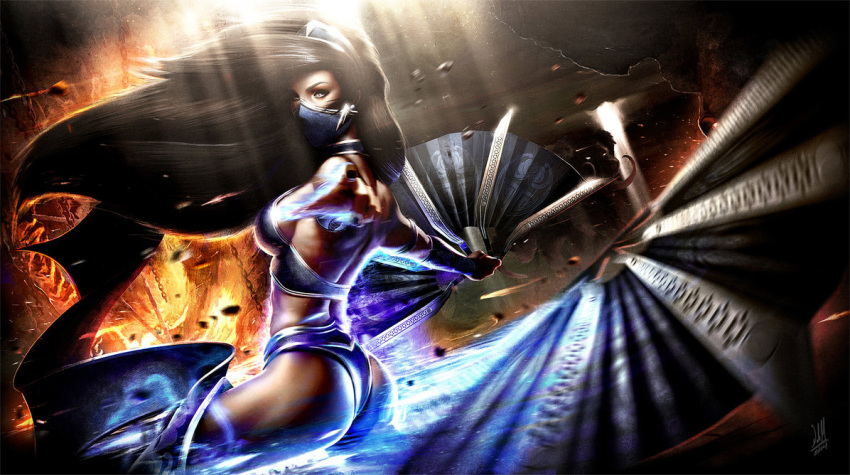 1girl armlet ass braid breasts bridal_gauntlets brown_hair cleavage earrings face_mask fan fighting_stance folding_fan hair_down hair_ornament highres jewelry kitana long_hair looking_at_viewer makeup mask mortal_kombat multiple_braids realistic revealing_clothes solo toned weapon