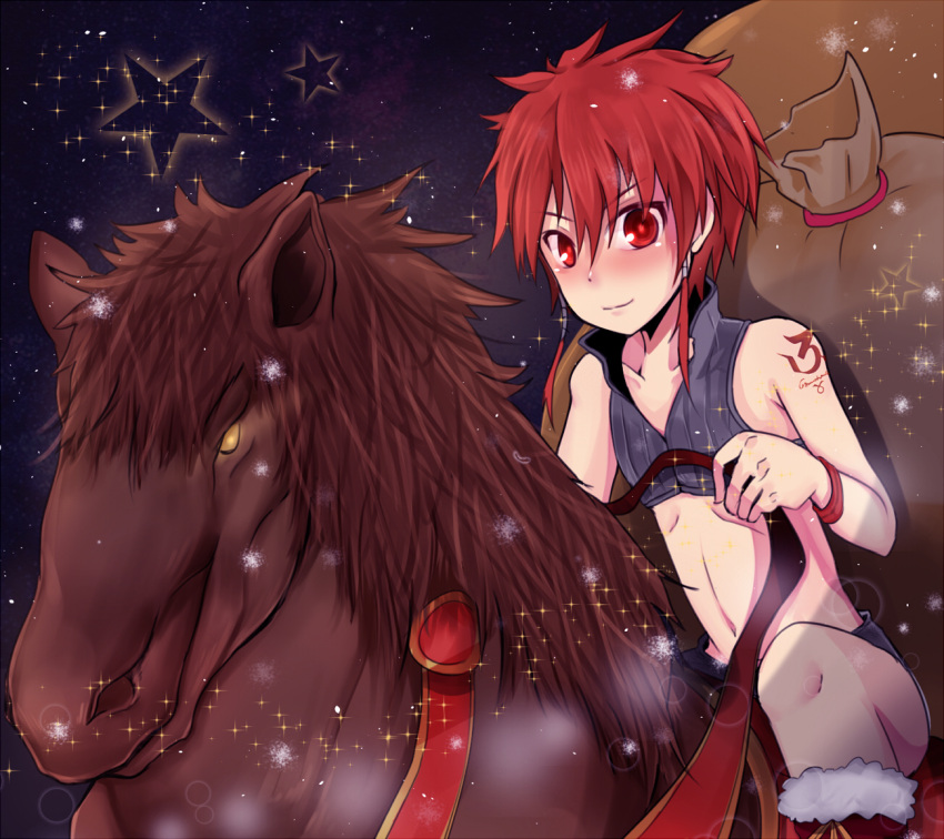1boy blush bodypaint boots child dark elsword elsword_(character) horse looking_at_viewer male_focus night outdoors red_eyes redhead riding rune_slayer sack santa_boots shorts smile solo stars vest waysin966