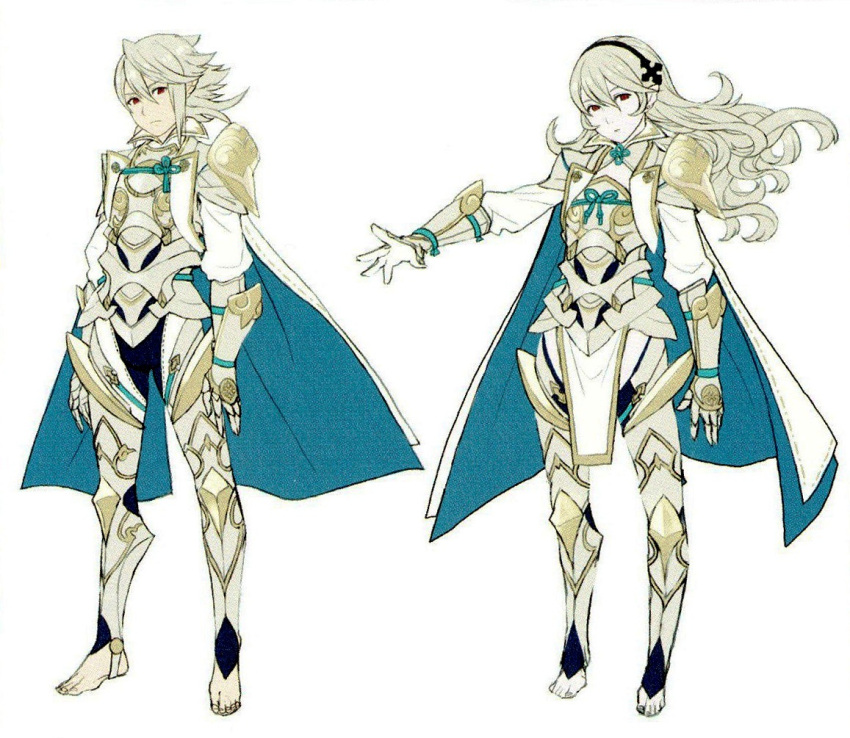 1boy 1girl alternate_costume armor barefoot cape dual_persona feet fire_emblem fire_emblem_if hairband my_unit_(fire_emblem_if) nintendo official_art pointy_ears red_eyes scan silver_hair