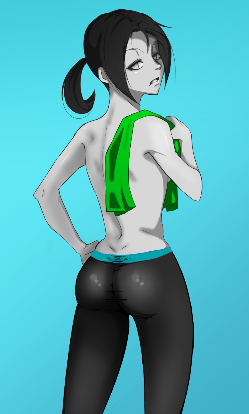 1girl ass black_hair grey_skin lesseinsanimer looking_at_viewer looking_back open_mouth super_smash_bros. wii_fit wii_fit_trainer