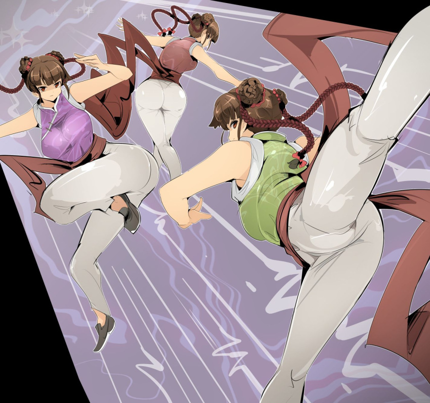 3girls ass bare_shoulders bei_pooh bow braid breasts brown_eyes brown_hair chinese_clothes double_bun hair_bow kicking large_breasts long_hair looking_at_viewer looking_back looking_down multiple_girls no_socks pants ribbon sai_pooh sash shiny shiny_clothes skin_tight smile strider_(video_game) tight_pants ton_pooh twin_braids zinger_(excess_m)