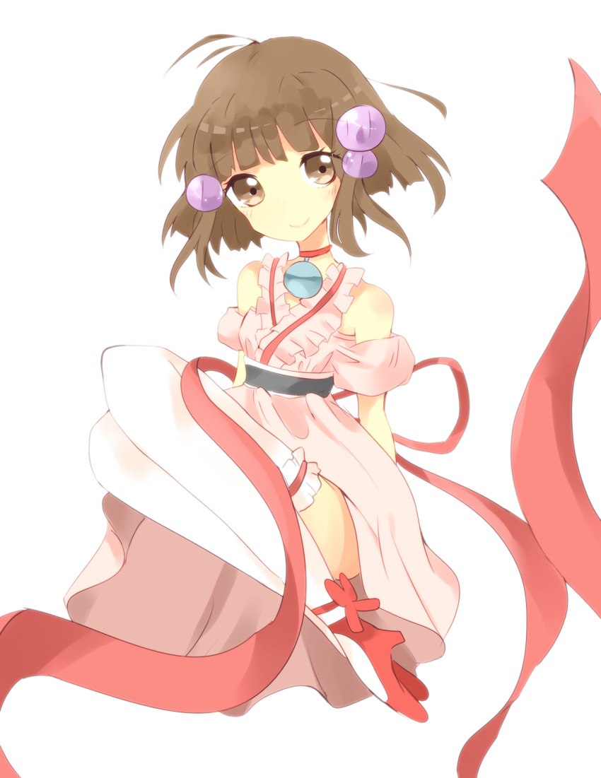1girl ahoge artist_request bare_shoulders blush breasts brown_eyes brown_hair choker dress frills hair_ornament reala ribbon shoes short_hair smile tales_of_(series) tales_of_destiny_2 thigh-highs