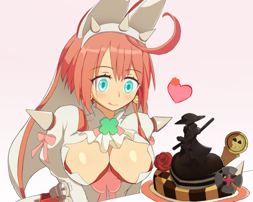 1girl ahoge animal_ears aqua_eyes arc_system_works artist_request breasts bridal_veil cameo chocolate cleavage clover dress elphelt_valentine four-leaf_clover guilty_gear guilty_gear_xrd heart johnny_(guilty_gear) large_breasts licking_lips pink_hair rabbit_ears ribbon shiny shiny_skin short_hair solo spikes tongue tongue_out valentine veil