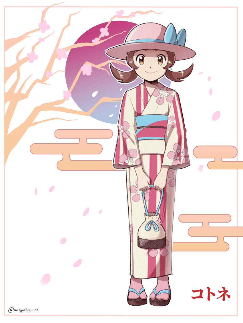 1girl absurdres alternate_costume bag blue_bow bow brown_eyes brown_hair character_name closed_mouth commentary floral_print framed full_body hat hat_bow highres holding holding_bag japanese_clothes kimono long_hair lyra_(pokemon) mr.thunderigor official_alternate_costume pink_headwear pink_legwear pokemon pokemon_(game) pokemon_masters_ex sandals sash shiny shiny_hair smile socks solo standing twintails yellow_kimono