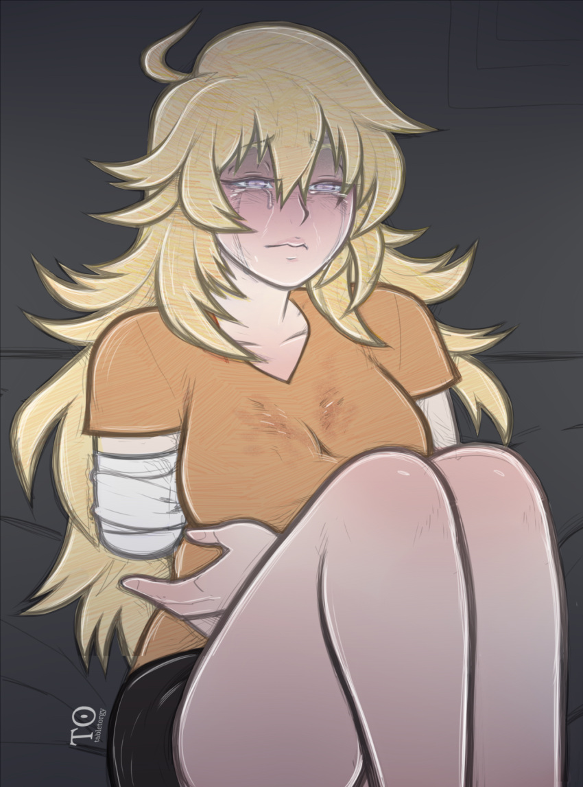 1girl amputee bandage blonde_hair breasts crying dark_background defeated large_breasts long_hair rwby sad shirt shorts simple_background sitting solo spoilers t-shirt tears violet_eyes yang_xiao_long