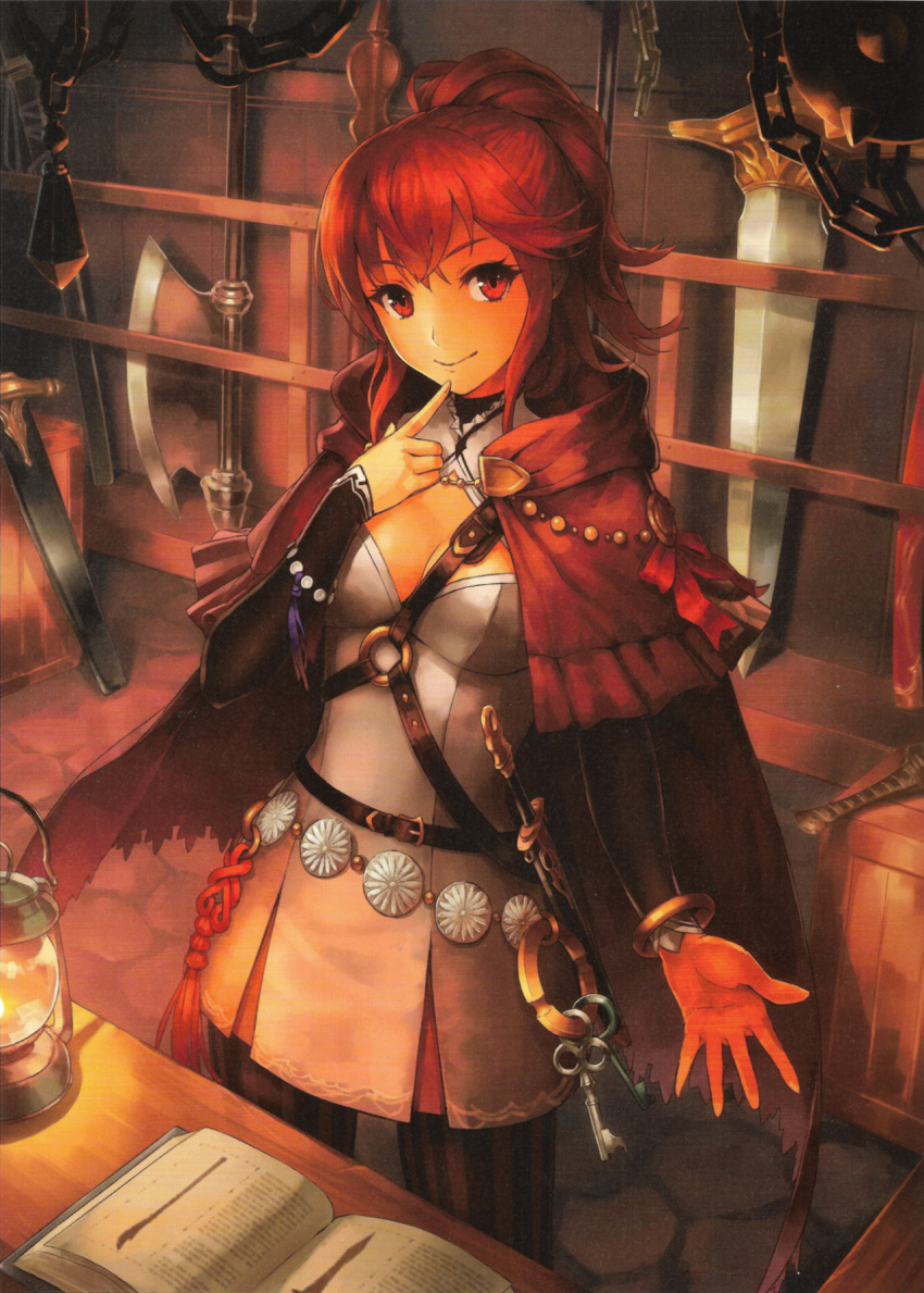 1girl anna_(fire_emblem) axe breasts chains cleavage fire_emblem fire_emblem_cipher fire_emblem_if key looking_at_viewer mismi official_art ponytail red_eyes redhead solo sword weapon