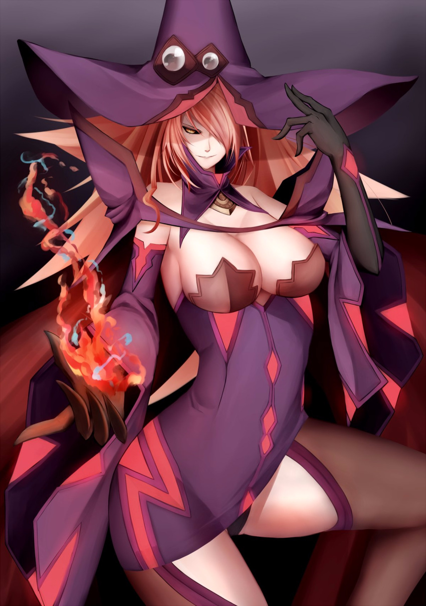 &gt;:) 1girl arc_system_works bare_shoulders black_gloves black_legwear black_panties black_sclera blazblue blazblue:_central_fiction blonde_hair breasts cape cleavage detached_collar detached_sleeves dress elbow_gloves elbow_pads fire gloves hair_over_one_eye hat high_collar highres inaba_sunimi konoe_a_mercury large_breasts long_hair long_sleeves looking_at_viewer panties pantyshot pantyshot_(standing) phantom_(blazblue) pink_hair purple_dress short_dress smile solo standing thigh-highs underwear wide_sleeves witch_hat yellow_eyes