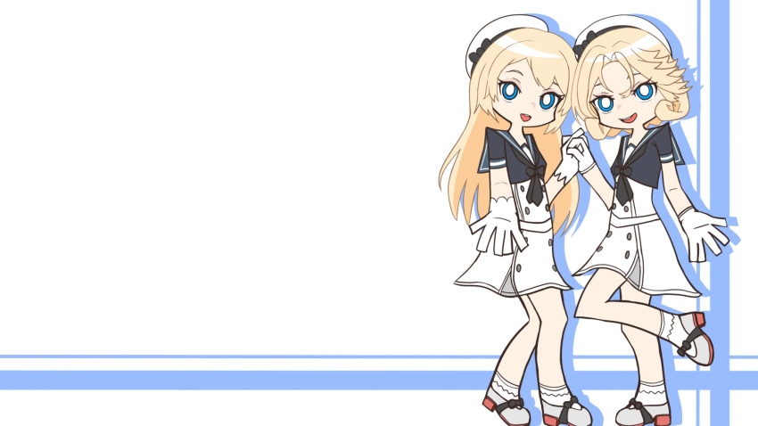 2girls blonde_hair blue_eyes blue_sailor_collar commentary_request daichi_(daiti1318) dress full_body gloves hat highres holding_hands janus_(kancolle) jervis_(kancolle) kantai_collection looking_at_viewer multiple_girls negative_space parody powerpuff_girls sailor_collar sailor_dress sailor_hat short_hair standing style_parody wallpaper white_dress white_gloves white_headwear