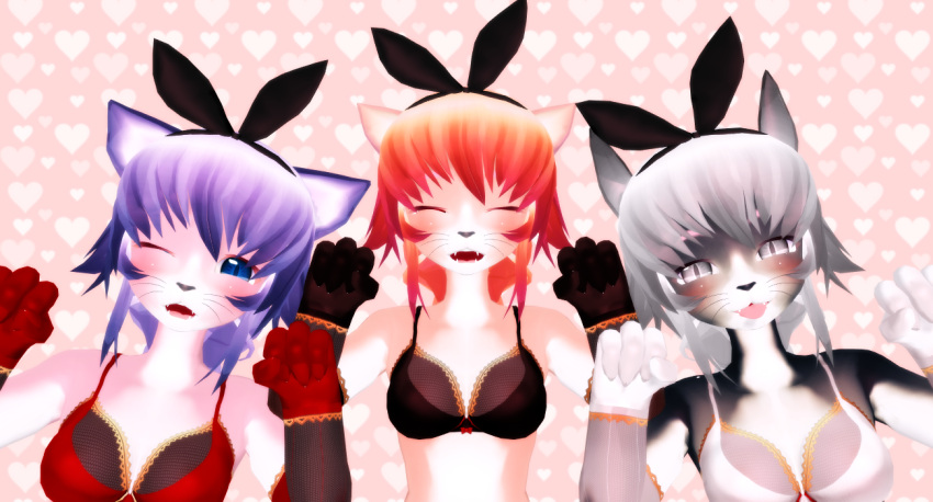 3d 3girls artist_request blue_eyes bra cat closed_eyes furry grey_eyes grey_hair long_hair mikumikudance multiple_girls one_eye_closed open_mouth pink_hair purple_hair underwear