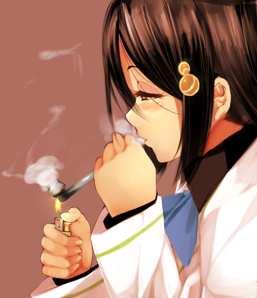 1girl black_hair blush bonkiru brown_background brown_hair drugs from_side hair_ornament half-closed_eyes highres holding izumi_reina lighter long_sleeves marijuana musaigen_no_phantom_world pipe profile school_uniform simple_background smoke smoking smoking_pipe solo upper_body