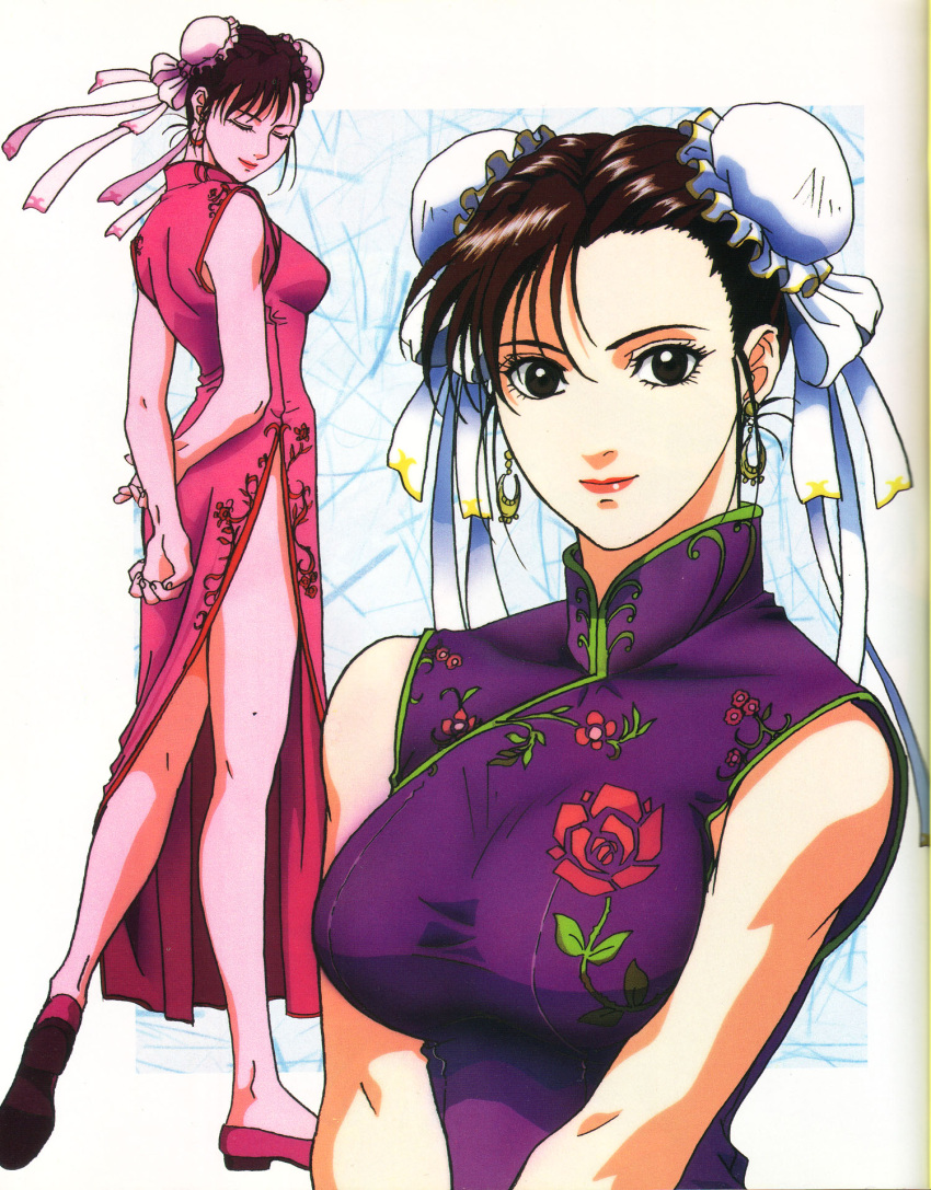 1girl ass bare_arms black_eyes breasts brown_hair capcom china_dress chinese_clothes chun-li closed_eyes double_bun dress earrings feet full_body highres jewelry large_breasts legs lipstick looking_at_viewer makeup murase_shuko qipao shoes short_hair sideboob sleeveless smile solo standing street_fighter thighs