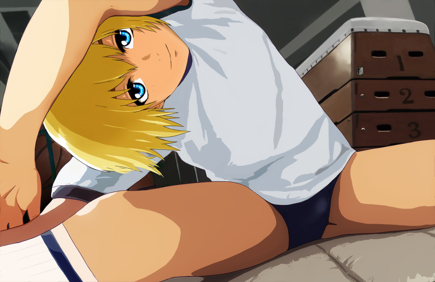 armin_arlert blonde_hair blue_eyes buruma c3_piyo crossdressinging gym_storeroom gym_uniform highres shingeki_no_kyojin short_hair shota tagme trap