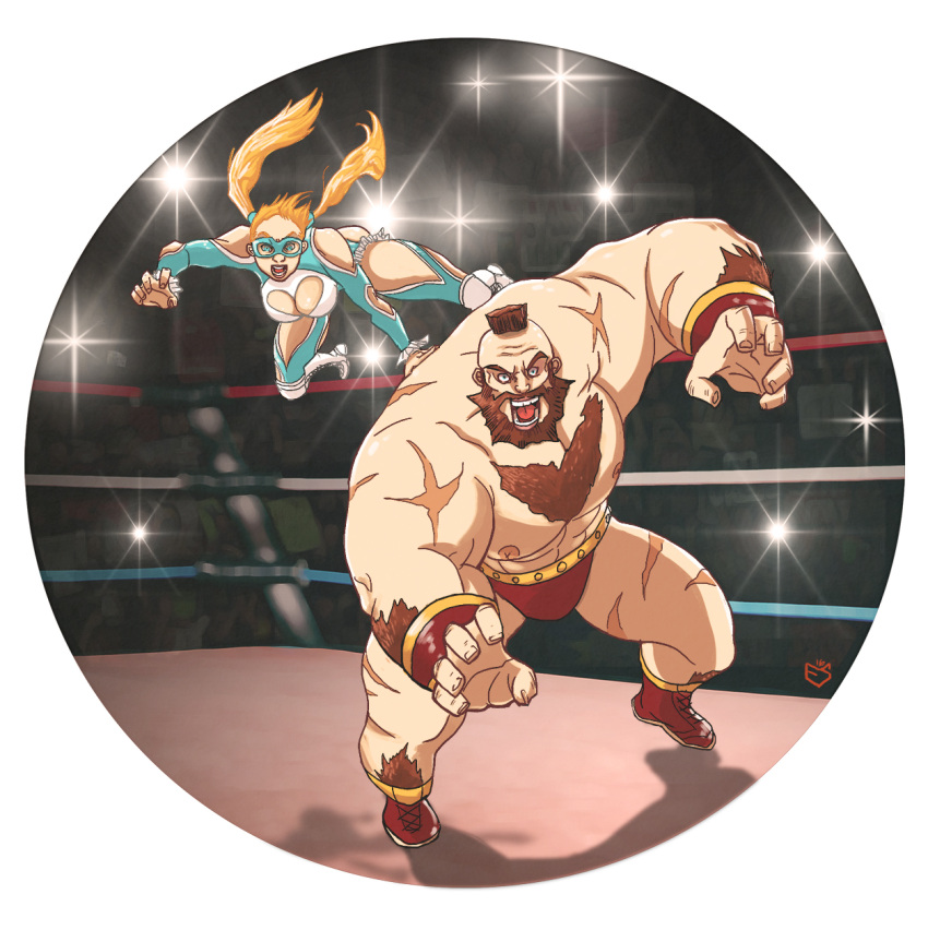 1boy 1girl beard blonde_hair brown_hair capcom chest_hair crowd evan_shiemke facial_hair looking_at_viewer mohawk rainbow_mika street_fighter street_fighter_v twintails wrestling_outfit wrestling_ring zangief