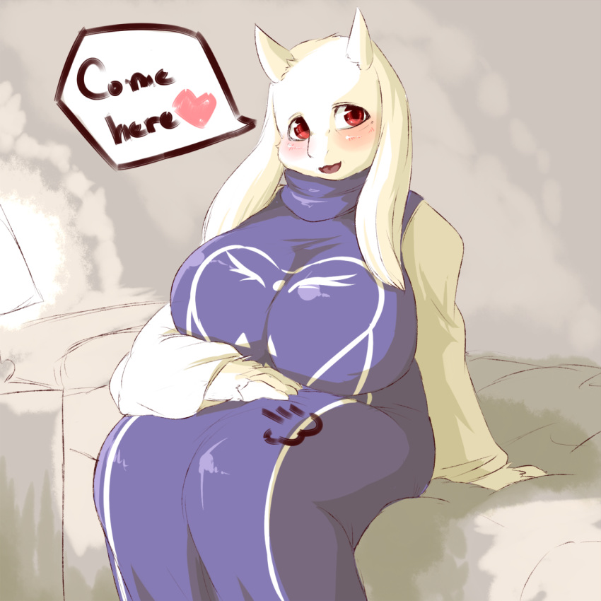 1girl artist_request breasts dress english female furry goat huge_breasts indoors milf red_eyes solo thick_thighs toriel undertale