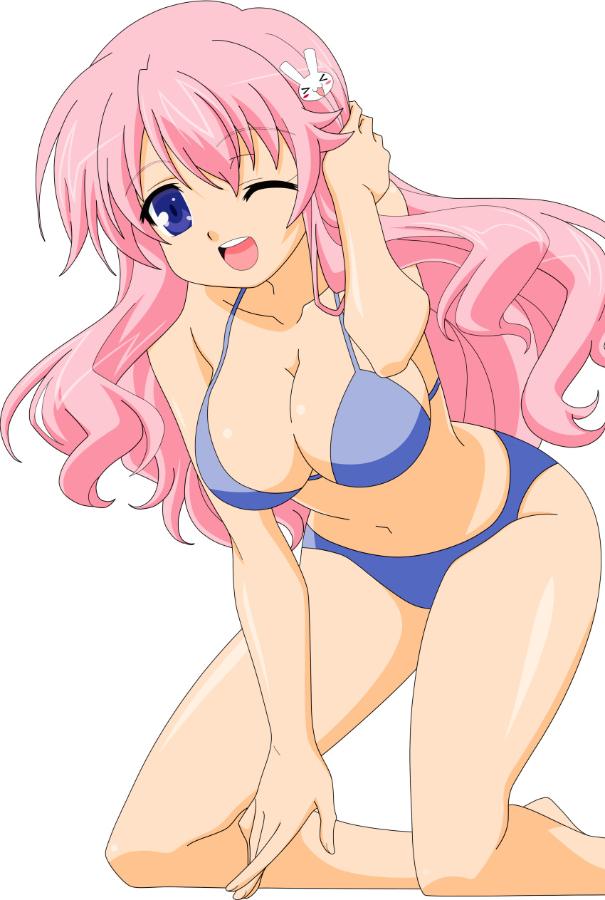 1girl absurdres artist_request baka_to_test_to_shoukanjuu bangs bare_midriff bikini blue_eyes breasts cleavage female hair_ornament hairclip highres himeji_mizuki hips large_breasts legs long_hair looking_at_viewer mound_of_venus navel open_mouth photoshop pink_hair simple_background smile solo standing swimsuit thighs tongue transparent_background vector_trace wink