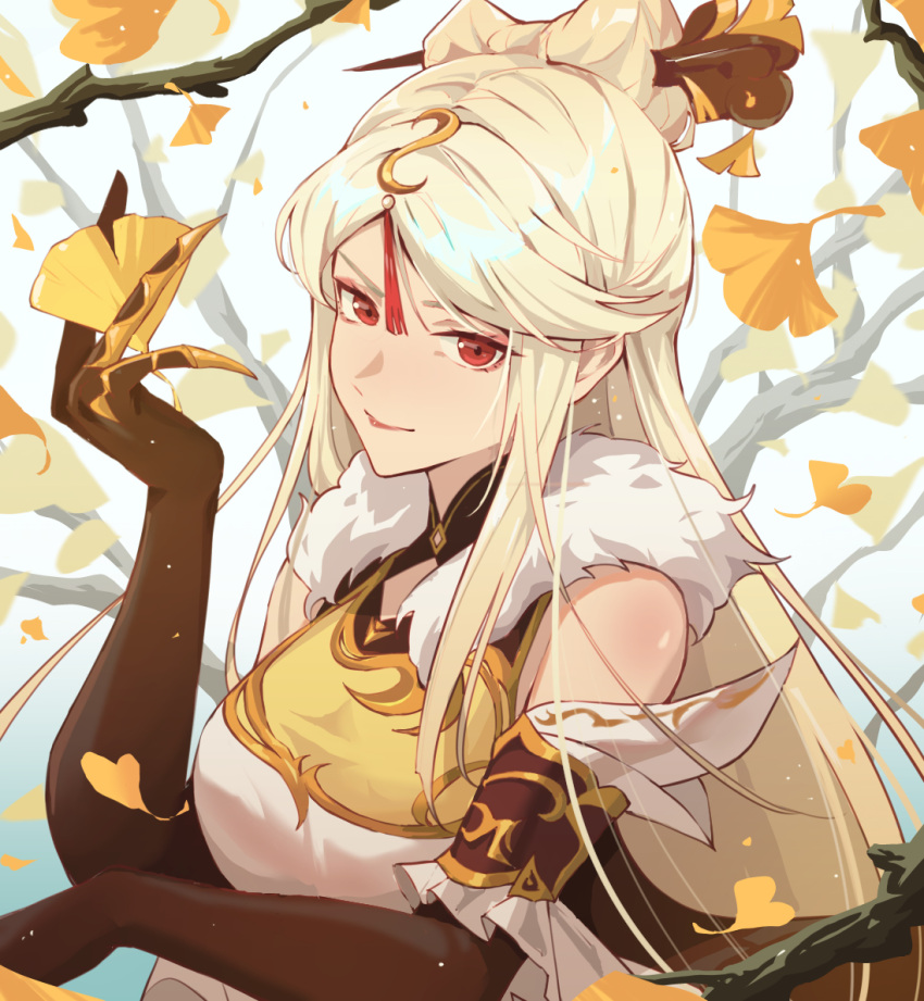 1girl bare_shoulders blonde_hair breasts claw_ring closed_mouth detached_sleeves elbow_gloves fur_trim gcef3535 genshin_impact gloves hair_ornament hair_stick hand_up holding large_breasts looking_at_viewer ningguang_(genshin_impact) red_eyes smile solo tassel tassel_hair_ornament upper_body