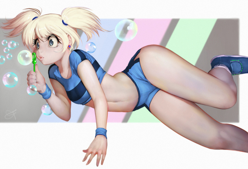 1girl adapted_costume blonde_hair blue_eyes bubble_wand bubbles bubbles_(ppg) cartoon_network crop_top navel powerpuff_girls shoes short_shorts short_twintails shorts sneakers solo stomach twintails villagerandy_rand wristband