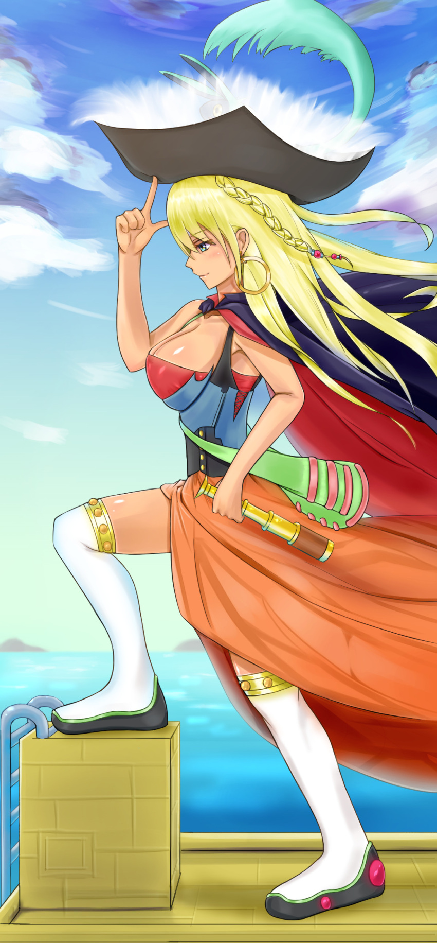 00s 1girl adult blonde_hair blue_eyes boots braid breasts cape chat cleavage dark_skin earrings hair_ornament hat jewelry long_hair quickie tales_of_(series) tales_of_eternia thigh_boots
