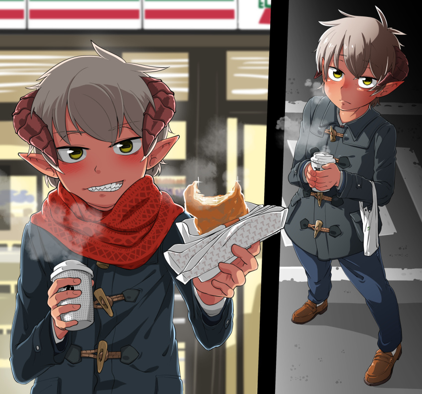 2boys blush child demon demon_boy food horns kaminosaki looking_at_viewer male_focus multiple_boys outdoors pov public silver_hair size_difference tan yellow_eyes