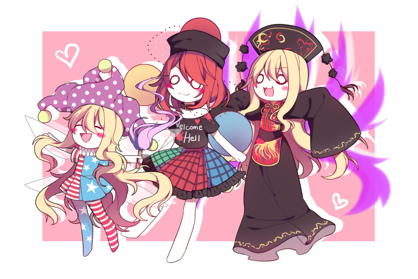 3girls absurdres american_flag_dress american_flag_legwear barefoot black_dress black_shirt blonde_hair blush_stickers chinese_clothes closed_eyes clothes_writing clownpiece dress fairy_wings gla hat heart hecatia_lapislazuli highres jester_cap junko_(touhou) long_hair long_sleeves multicolored multicolored_clothes multicolored_skirt multiple_girls neck_ruff off-shoulder_shirt outstretched_arms pantyhose polka_dot polos_crown redhead shirt short_dress short_sleeves skirt smile star star_print striped t-shirt tabard touhou very_long_hair wide_sleeves wings