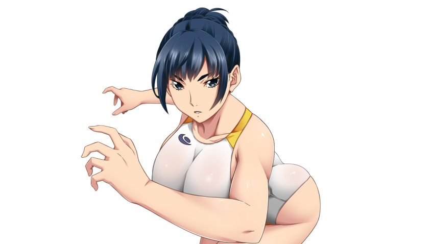 1girl ass bare_arms bare_legs bare_shoulders blue_eyes blue_hair breasts clipping_chronicle collarbone game_cg gentle_sasaki hair_bun highres huge_breasts legs looking_at_viewer parted_lips serious short_hair simple_background sleeveless solo standing swimsuit thighs white_background