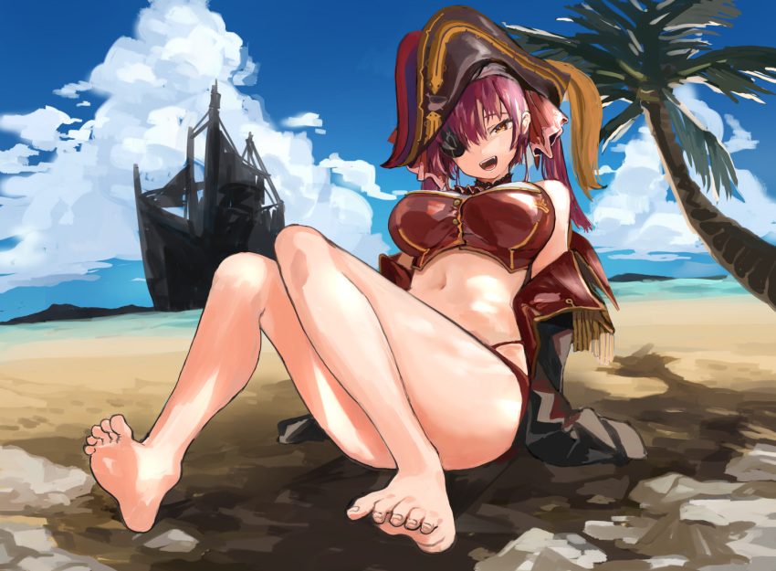 1girl adapted_costume arrow_through_heart bare_legs barefoot beach bicorne bikini bikini_bottom black_coat black_headwear blue_sky breasts clouds cloudy_sky coat commentary cropped_vest day epaulettes eyepatch fangs full_body hair_between_eyes hair_ribbon hat hololive houshou_marine jacket knees_together_feet_apart large_breasts leaning_back looking_at_viewer medium_hair navel off_shoulder okbnkn one_eye_covered open_clothes open_coat open_mouth outdoors palm_tree pirate_hat red_bikini red_eyes red_ribbon red_vest redhead ribbon ship sitting sky smile soles solo stomach swimsuit teeth tree twintails two-sided_fabric two-sided_jacket vest virtual_youtuber watercraft