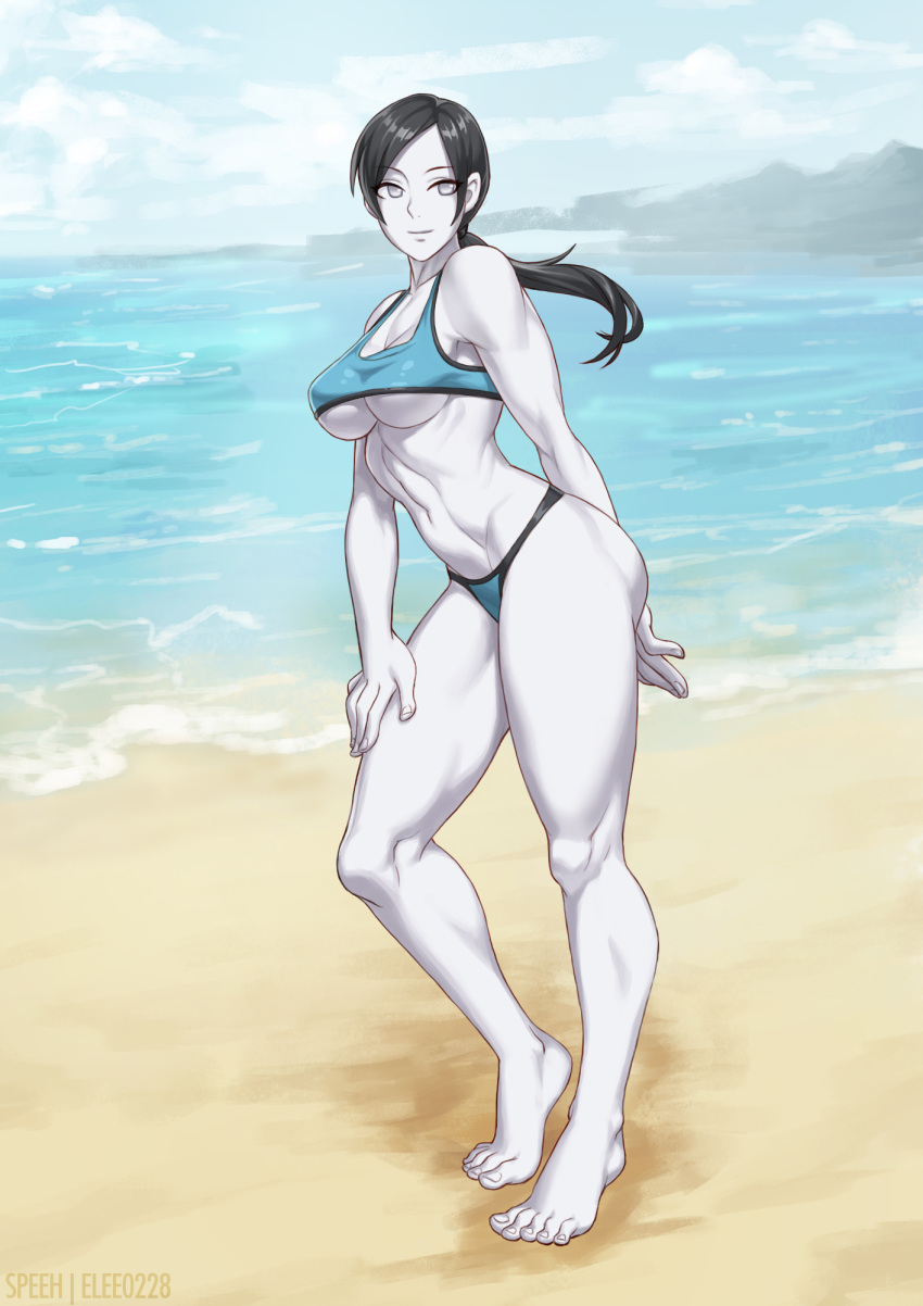 1girl beach bikini black_hair breasts cleavage elee0228 feet looking_at_viewer navel nintendo ocean pale_skin solo speh stomach swimsuit toes toned under_boob wii_fit wii_fit_trainer