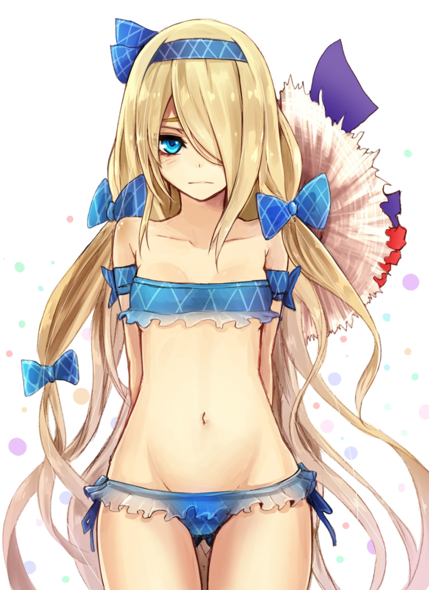 1girl arms_behind_back blonde_hair blue_bow blue_eyes blush bow bra breasts character_request female frilled_bra frilled_panties frills hair_bow hair_ornament long_hair looking_at_viewer midriff navel pandora_(p&amp;d) panties puzzle_&amp;_dragons small_breasts solo source_request swimsuit thigh_gap underwear very_long_hair white_background yukihama
