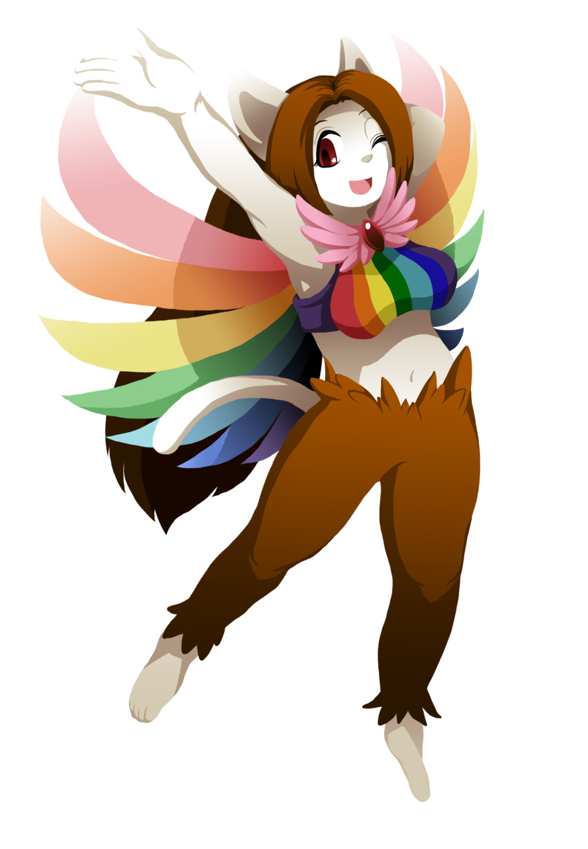 1girl artist_request breasts brown_eyes brown_hair cat female full_body furry long_hair one_eye_closed open_mouth simple_background solo wings